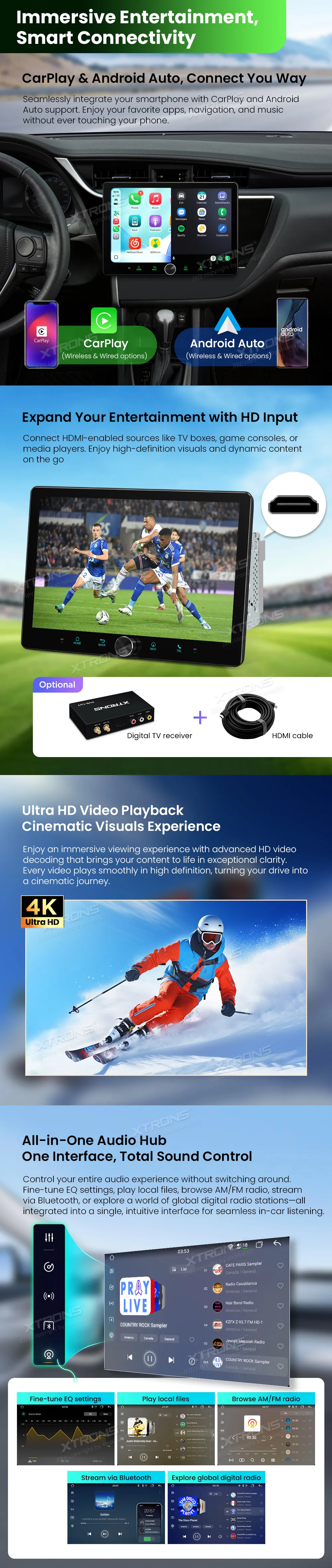 Universali 2-DIN Standarto Multimedija  | Android 14 | 10.1 inch QLED | 2GB/64GB/8Core | Multimedija Xtrons TAD128S