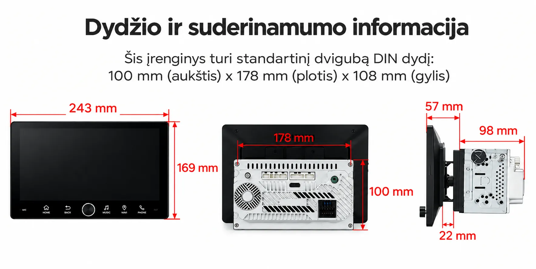 Universali 2-DIN Standarto Multimedija  | Android 14 | 10.1 inch QLED | 2GB/64GB/8Core | Multimedija Xtrons TAD128S