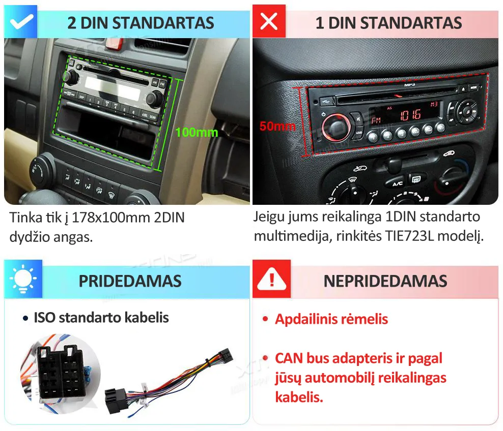 Universali 2-DIN Standarto Multimedija  | Android 14 | 10.1 inch QLED | 2GB/64GB/8Core | Multimedija Xtrons TAD128S