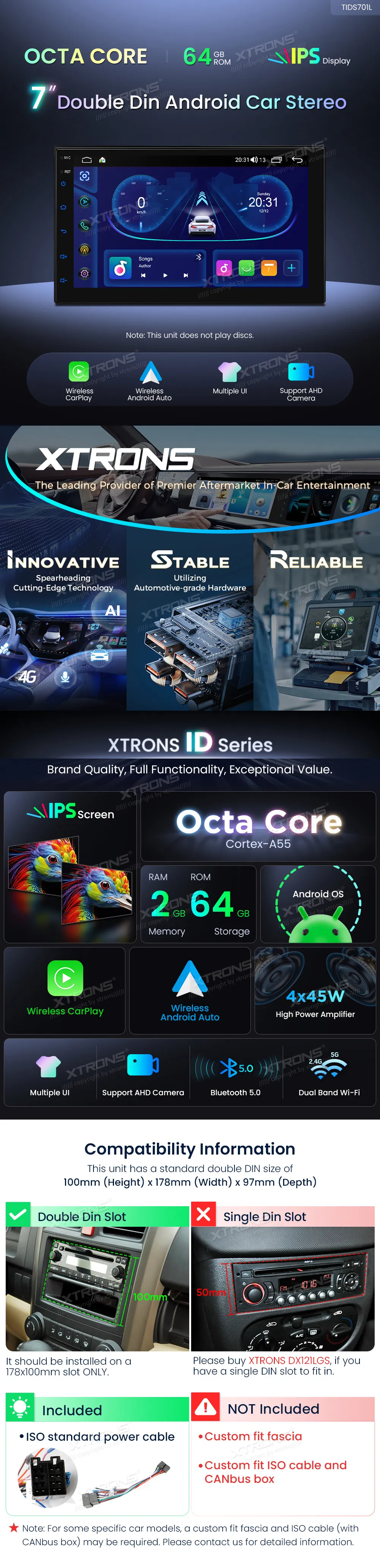 Universali 2-DIN Standarto Multimedija  | Android OS | 7 inch QLED | 2GB/64GB/8Core | Multimedija Xtrons TIDS701L