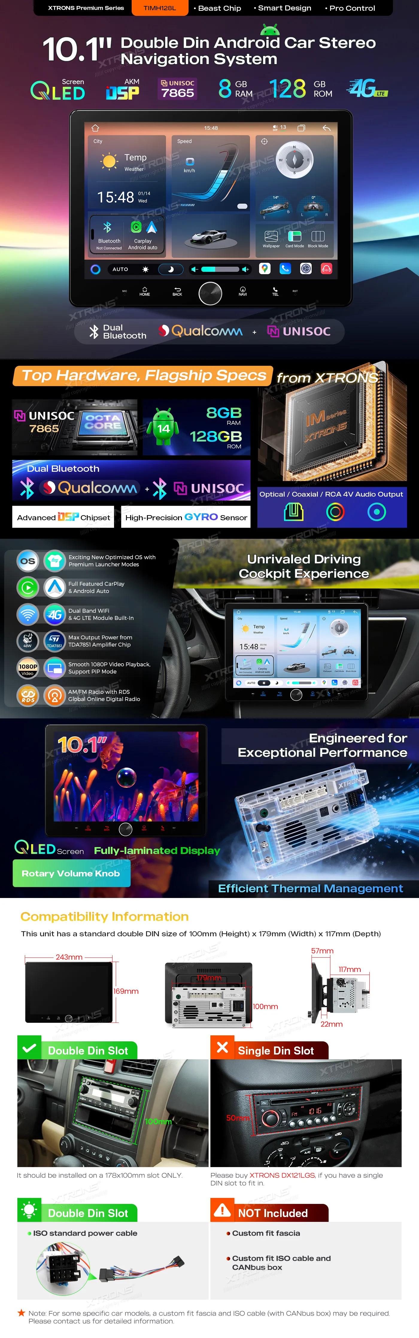 Universali 2-DIN Standarto Multimedija  | Android 14 | 10.1 inch QLED | 82GB/128GB/8Core | Multimedija Xtrons TIMH128L