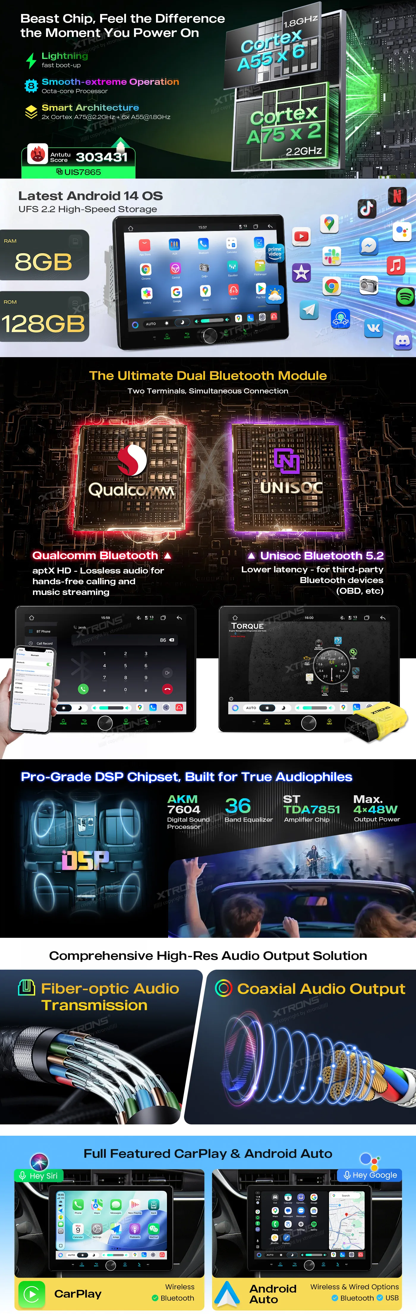 Universali 2-DIN Standarto Multimedija  | Android 14 | 10.1 inch QLED | 82GB/128GB/8Core | Multimedija Xtrons TIMH128L