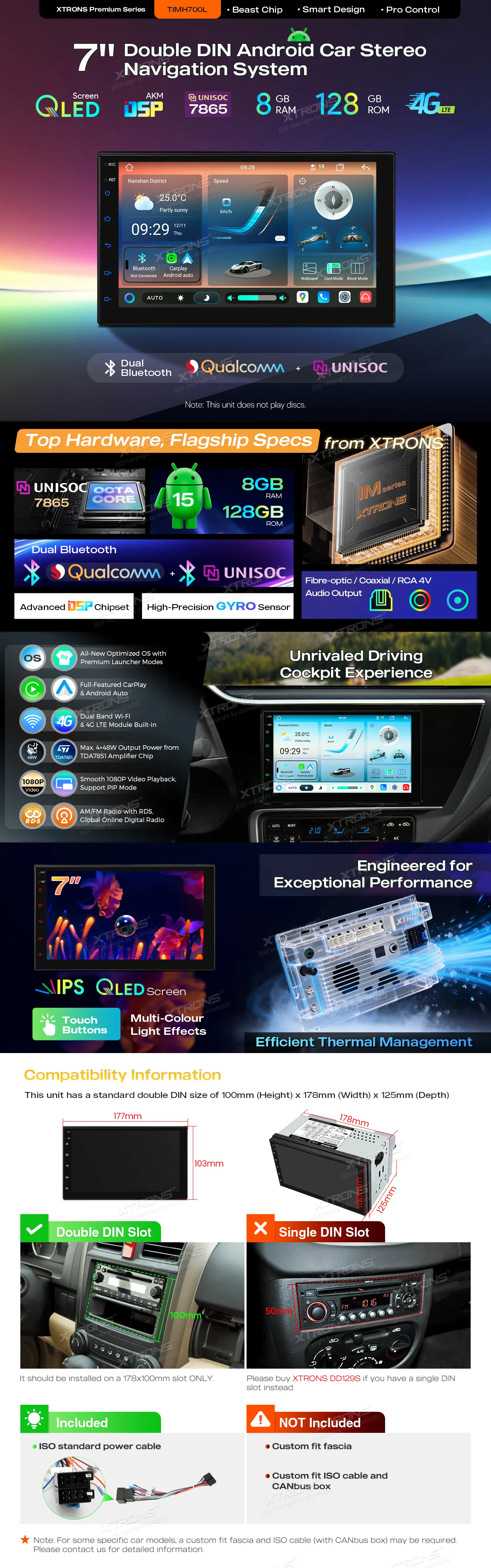 Universali 2-DIN Standarto Multimedija  | Android 15 | 7 inch QLED | 8GB/128GB/8Core | Multimedija Xtrons TIMH700L