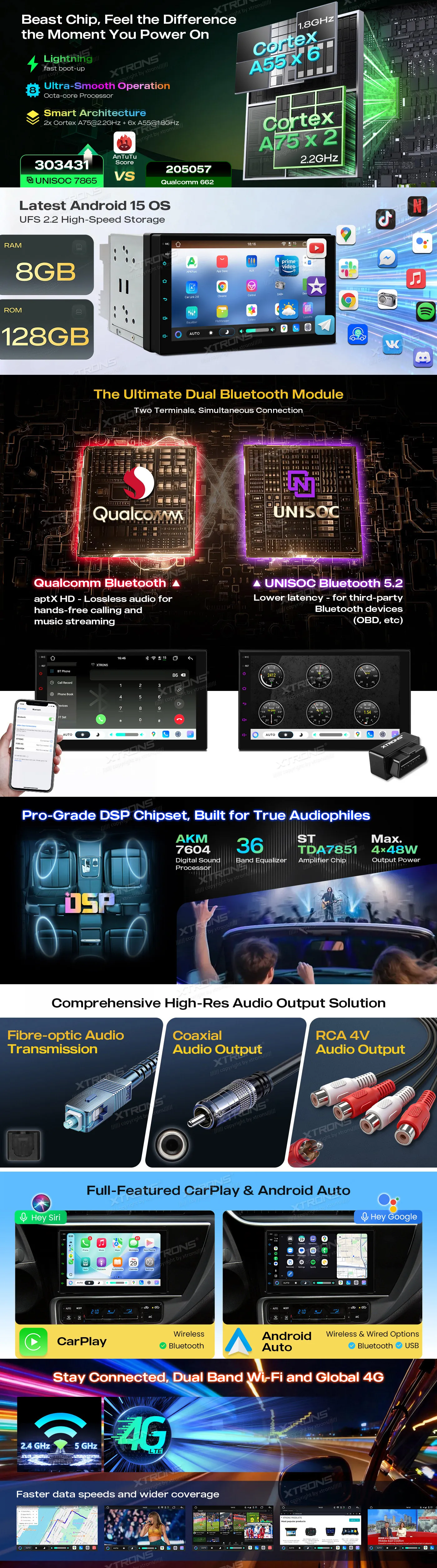 Universali 2-DIN Standarto Multimedija  | Android 15 | 7 inch QLED | 8GB/128GB/8Core | Multimedija Xtrons TIMH700L
