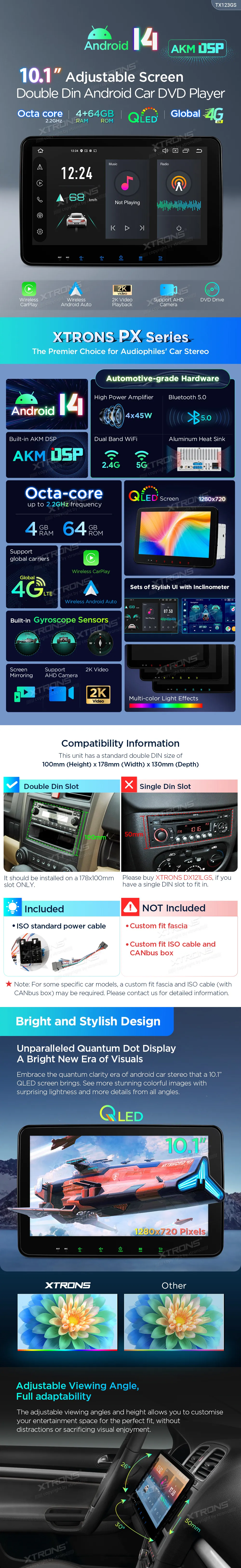 Universali 2-DIN Standarto Multimedija  | Android 14 | 10.1 inch | 4GB/64GB/8Core | Multimedija Xtrons TX123GS