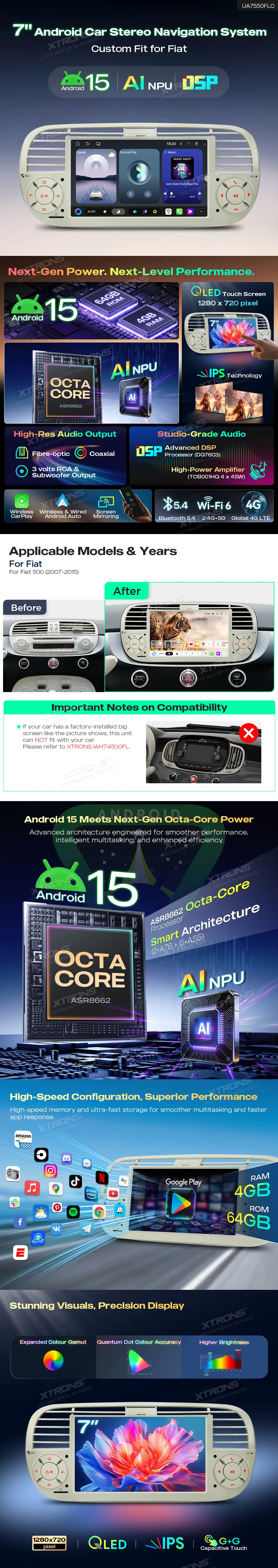Fiat 500 2007-2015 | Android 15 | 7 inch | 4GB/64GB/8Core | Multimedija Xtrons UA7550FLC