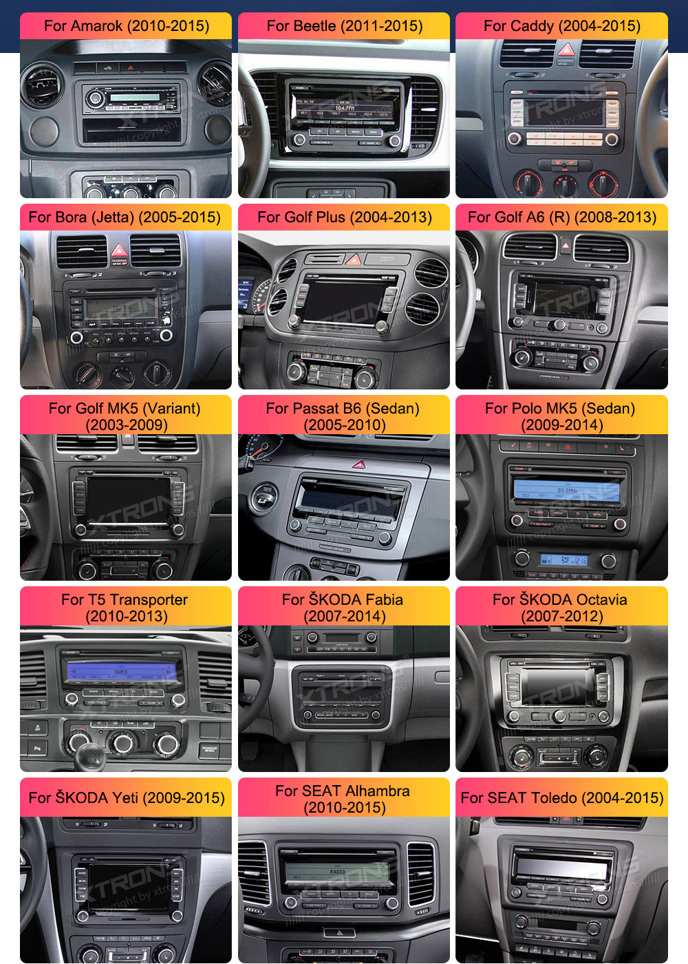 MULTIMEDIJA TINKA ŠIEMS AUTOMOBILIAMS Volkswagen  Amarok (2010-2015), Beetle (2011-2015), Bora (Jetta) (2005-2015), Caddy (2004-2015), EOS (2006-2015), Golf MK5/V5/A5/1K (Variant / GTI / Estate) (2003-2009), Golf MK6 /V16 / A6/5K (GTI / Wagon/R/Variant / Estate / Cabriolet) (2008-2013), Golf Plus (2004-2013), Jetta V/A5/ 1K (2005-2009), Jetta VI / A6 / 1B (2010-2015), Passat B6/3C (Estate / Sedan/Wagon) (2005-2010), Passat B7/3C (Estate / Sedan/Wagon / Alltrack) (2010-2014), Passat CC (2008-2011), Polo MK5/6R (GTI/ Sedan) (2009-2014), Scirocco Mk3 (2008-2011), Magotan (2007-2013), Sharan (2010-2014), Touran (2003-2014), Tiguan (2007-2013), T5 Multivan (2010-2013), T5 Transporter (2010-2013), T5 Caravelle (2010-2015), Vento (2009-2015)    Skoda Fabia (2007-2014), Fabia Combi (2008-2014), Roomster (2006-2015), Octavia (2007-2012), Yeti (2009-2015), Superb (2008-2015)   Seat Alhambra (2010-2015), Altea (2004-2015), Altea XL (2007-2015), Leon Mk2 (2005-2012), Toledo (2004-2015)         VW / ŠKODA / SEAT ANDROID 12 MULTIMEDIJA XTRONS    GALIMAI REIKALINGI MULTIMEDIJOS PRIEDAI SEAT AUTOMOBILIAMS SEAT automobiliams su multimedija kaip pavaizduota žemiau reikalingas papildomas rėmelis, prieš užsakinėjant multimediją rėmelio teiraukitės mūsų parduotuvėje.  VW / ŠKODA / SEAT ANDROID 12 MULTIMEDIJA XTRONS  SVARBI VW T5 IR ŠKODA AUTOMOBILIŲ SUDERINAMUMO INFORMACIJA   VW / ŠKODA / SEAT ANDROID 12 MULTIMEDIJA XTRONS  KABELIAI KURIŲ GALI PRIREIKTI Patikrinkite savo gamyklinės multimedijos jungtį. Jeigu ji atrodo taip kaip pavaizduota paveiklėlyje žemiau tada jums reikalingas papildomas ISO kabelis AK/VW/ISOMQB (prieš užsakinėjant multimediją pasiteiraukite dėl kabelio). VW / ŠKODA / SEAT ANDROID 12 MULTIMEDIJA XTRONS