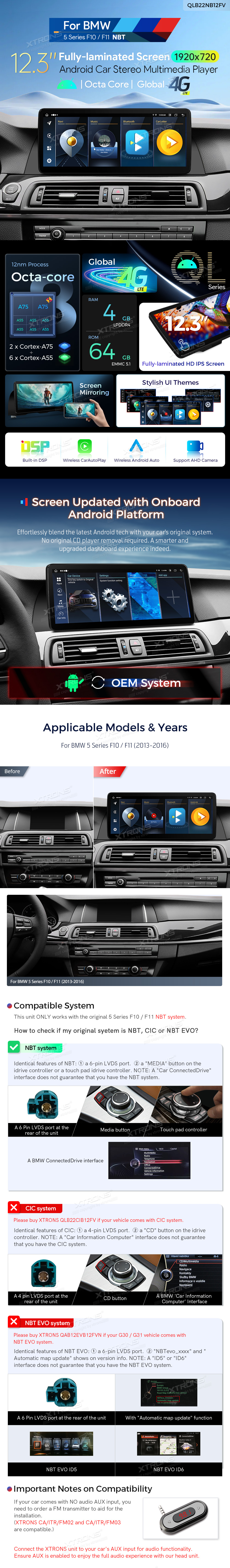 BMW F10 / F11 NBT 12.3 COLIŲ ANDROID 13 MULTIMEDIJA XTRONS QLB22NB12FV