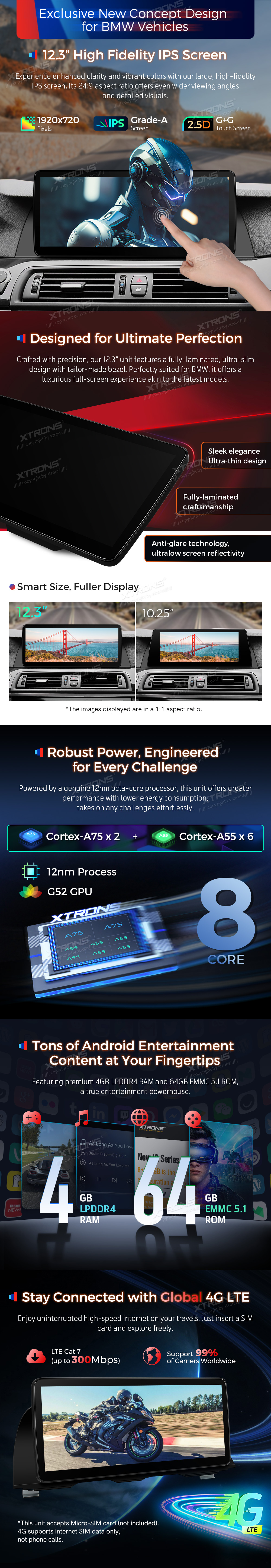 BMW F10 / F11 NBT 12.3 COLIŲ ANDROID 13 MULTIMEDIJA XTRONS QLB22NB12FV
