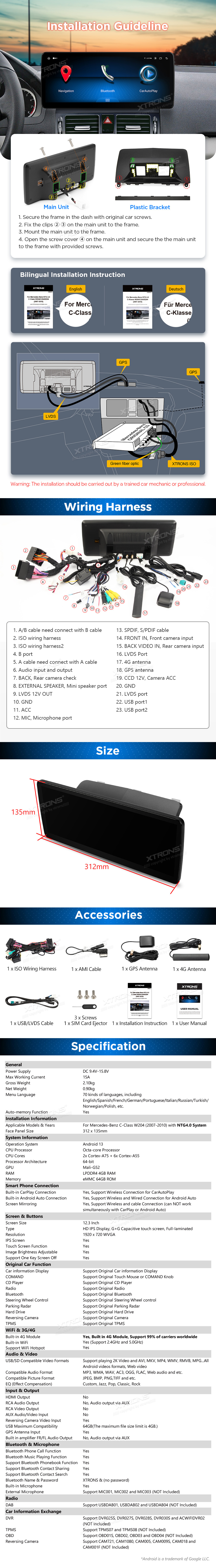 MB C KLASĖS W204 12.3 COLIO ANDROID 13 MULTIMEDIJA 