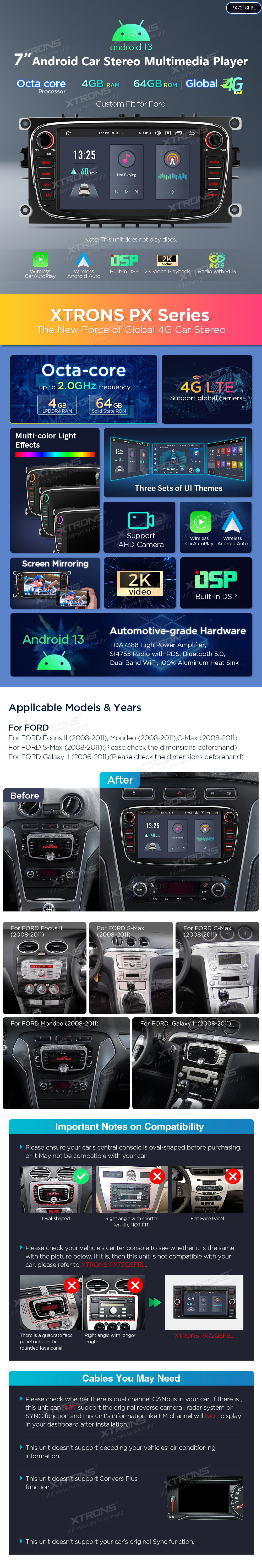 FORD FOCUS/S-MAX/C-MAX/MONDEO/GALAXY 7 COLIŲ ANDROID 13 MULTIMEDIJA