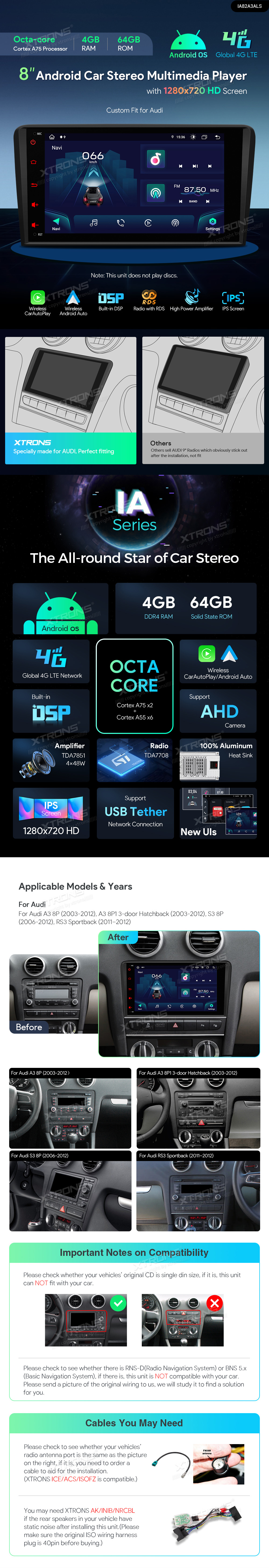 AUDI A3 / S3 / RS3 8 COLIŲ ANDROID 12 MULTIMEDIJA