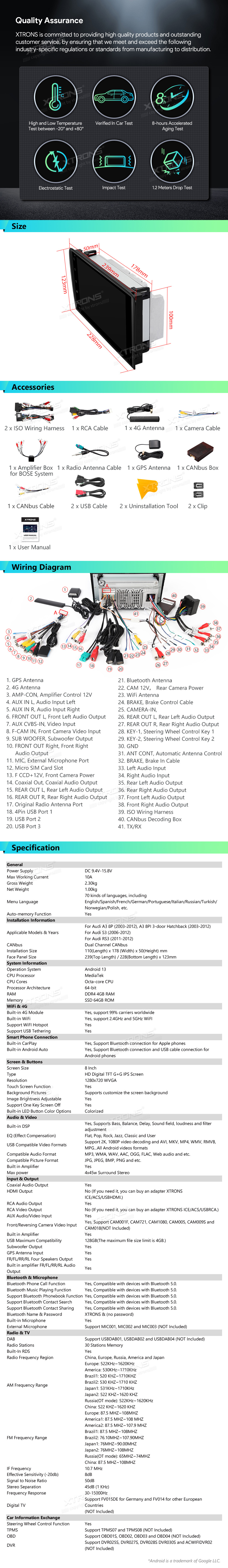 AUDI A3 / S3 / RS3 8 COLIŲ ANDROID 12 MULTIMEDIJA