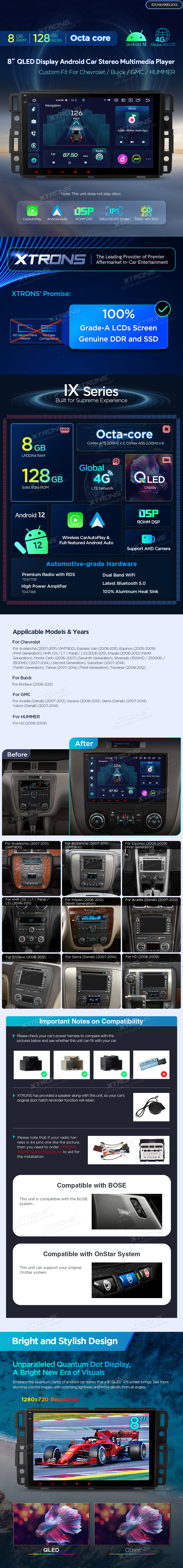 CHEVROLET/BUICK/GMC/HUMMER 8 COLIŲ ANDROID 12 MULTIMEDIJA XTRONS IX82JCCL