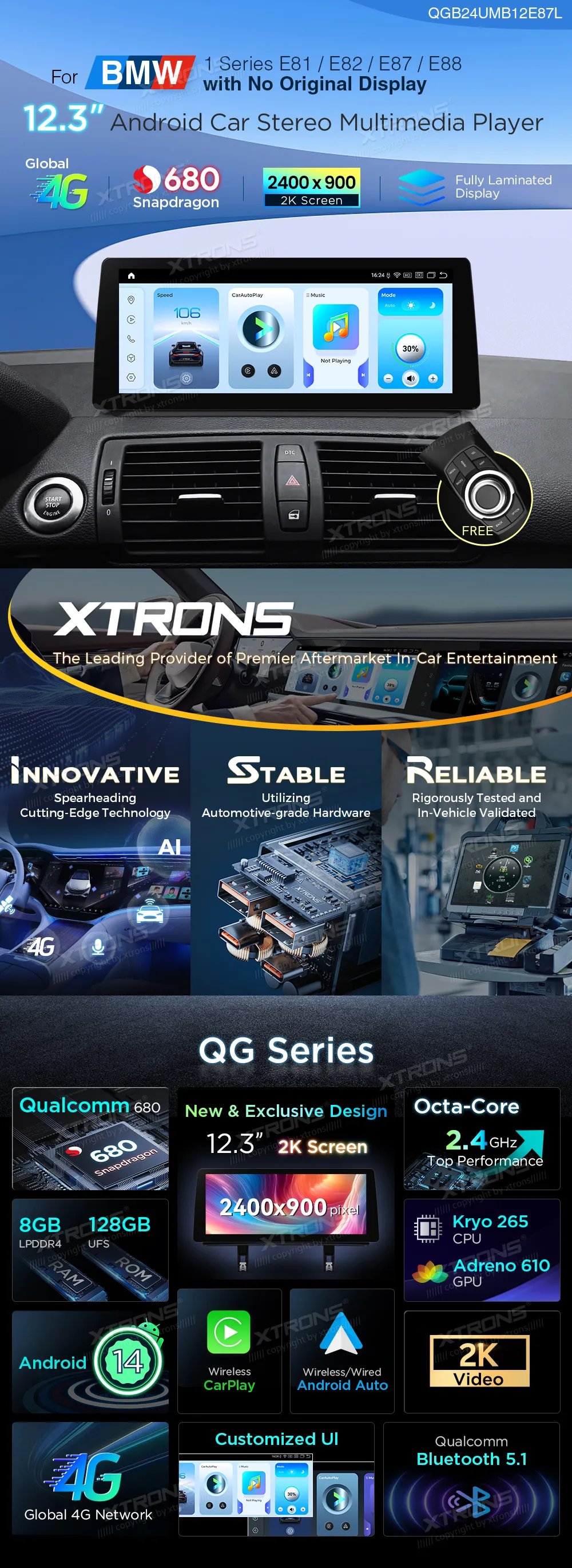BMW 1 E81 E82 E87 E88 | Android 14 | 12.3inch | 8GB/128GB/8Core Snapdragon 680 | Multimedija Xtrons QGB24UMB12E87L
