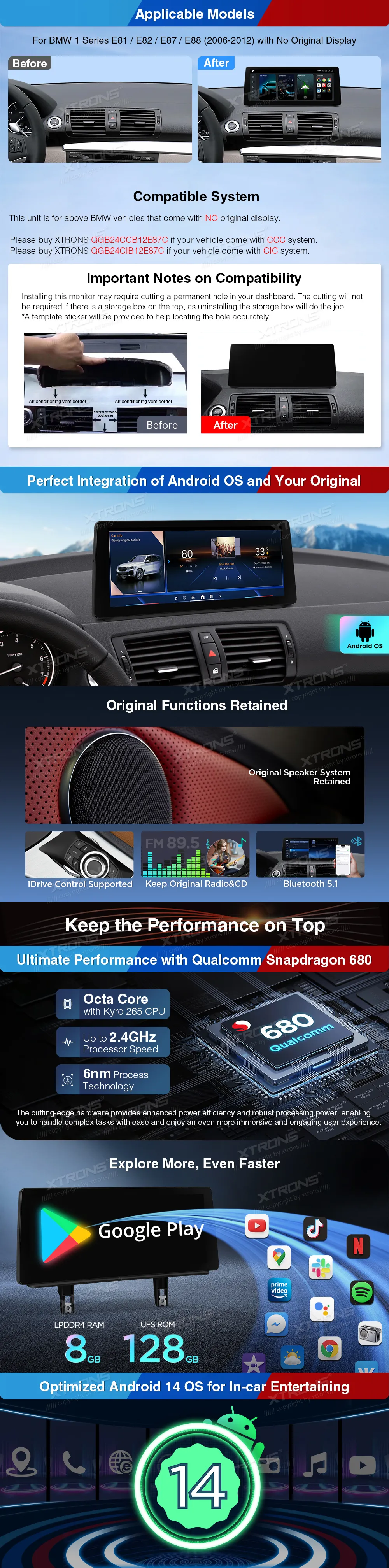 BMW 1 E81 E82 E87 E88 | Android 14 | 12.3inch | 8GB/128GB/8Core Snapdragon 680 | Multimedija Xtrons QGB24UMB12E87L