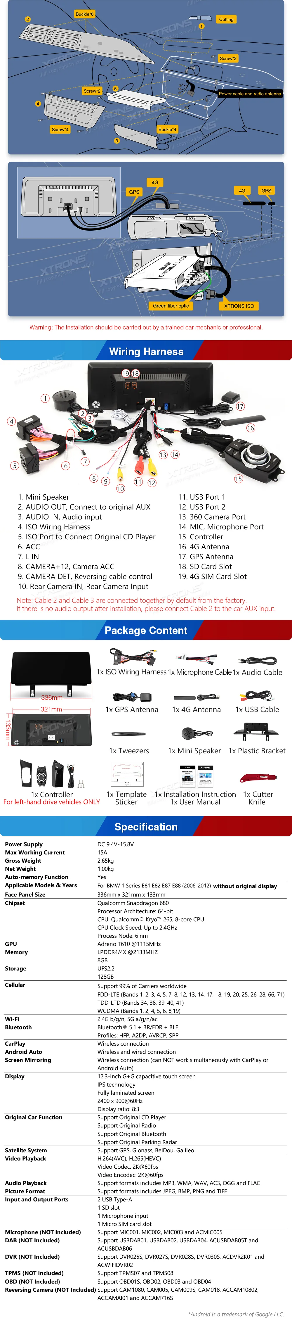 BMW 1 E81 E82 E87 E88 | Android 14 | 12.3inch | 8GB/128GB/8Core Snapdragon 680 | Multimedija Xtrons QGB24UMB12E87L