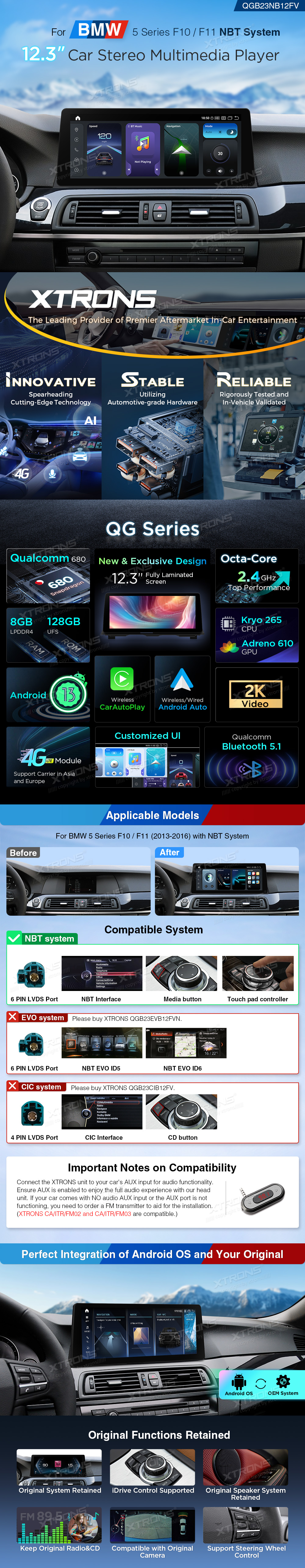 BMW F10 / F11 NBT 12.3 Colio Snapdragon Android 13 multimedija QGB23NB12FV