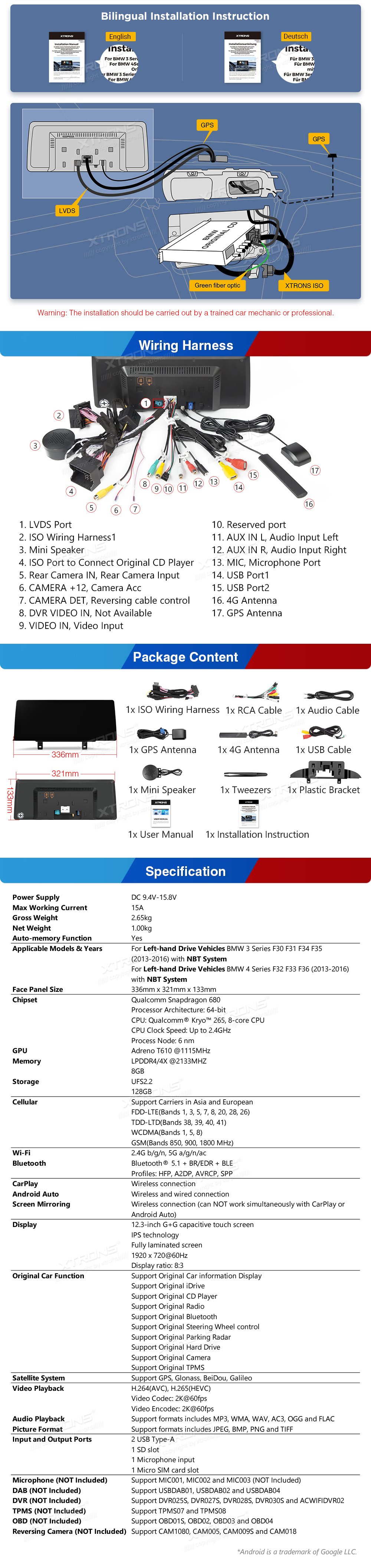 BMW F30/F31/F32/F33/F34/F35/F36 NBT 12.3 colių Snapdragon Android 13 multimedija QXB22NB12THL