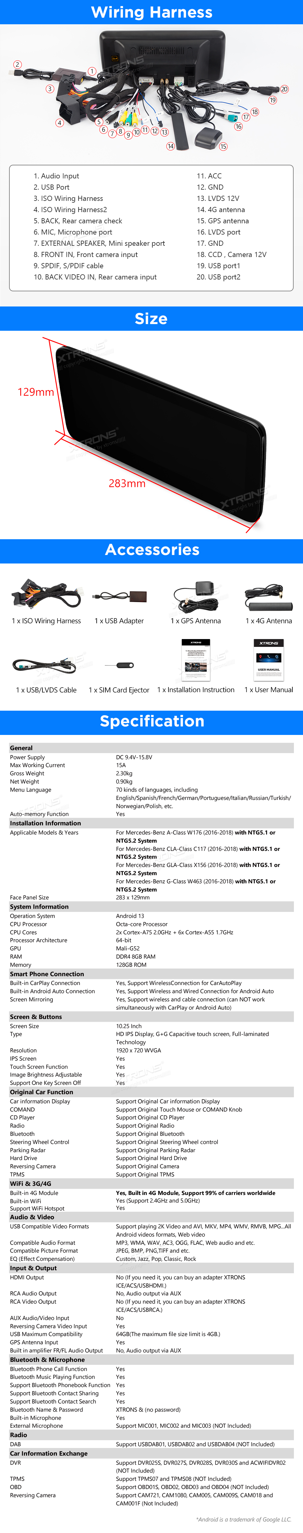 MB A/CLA/GLA/G KLASĖS W176/C117/X156/W463 10.25 COLIO ANDROID 13 MULTIMEDIJA QAM1245