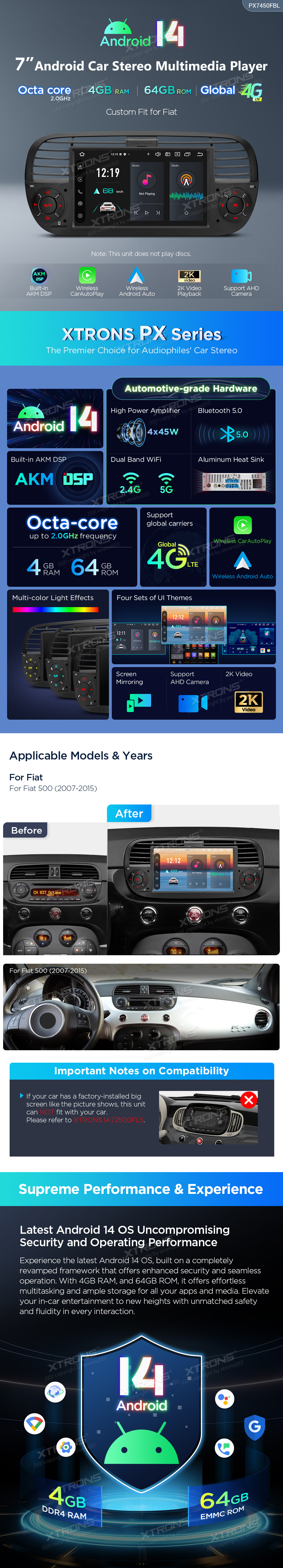 FIAT 500 2007-2015 7 COLIŲ ANDROID 14 MULTIMEDIJA XTRONS PX7450FBL