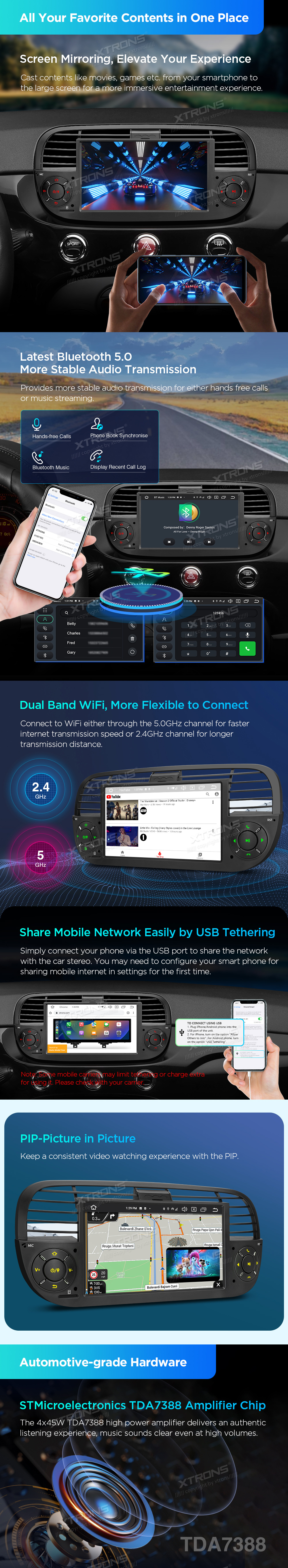 FIAT 500 2007-2015 7 COLIŲ ANDROID 14 MULTIMEDIJA XTRONS PX7450FBL