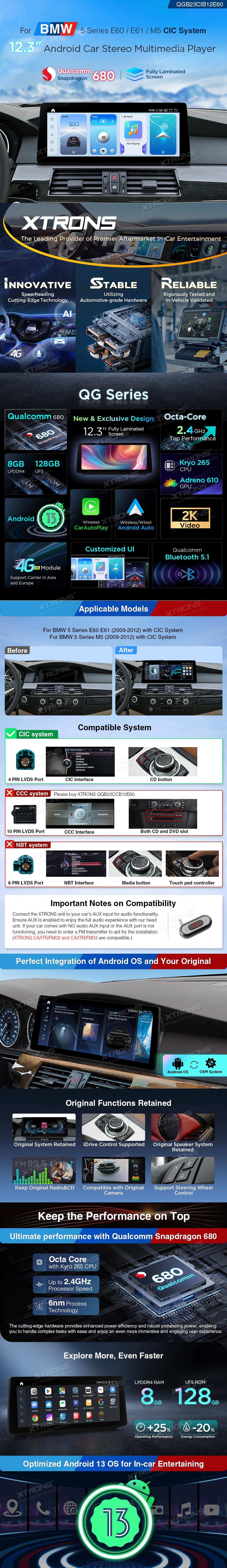 BMW E60/E61 CIC 12.3 colio Snapdragon Android 13 multimedija