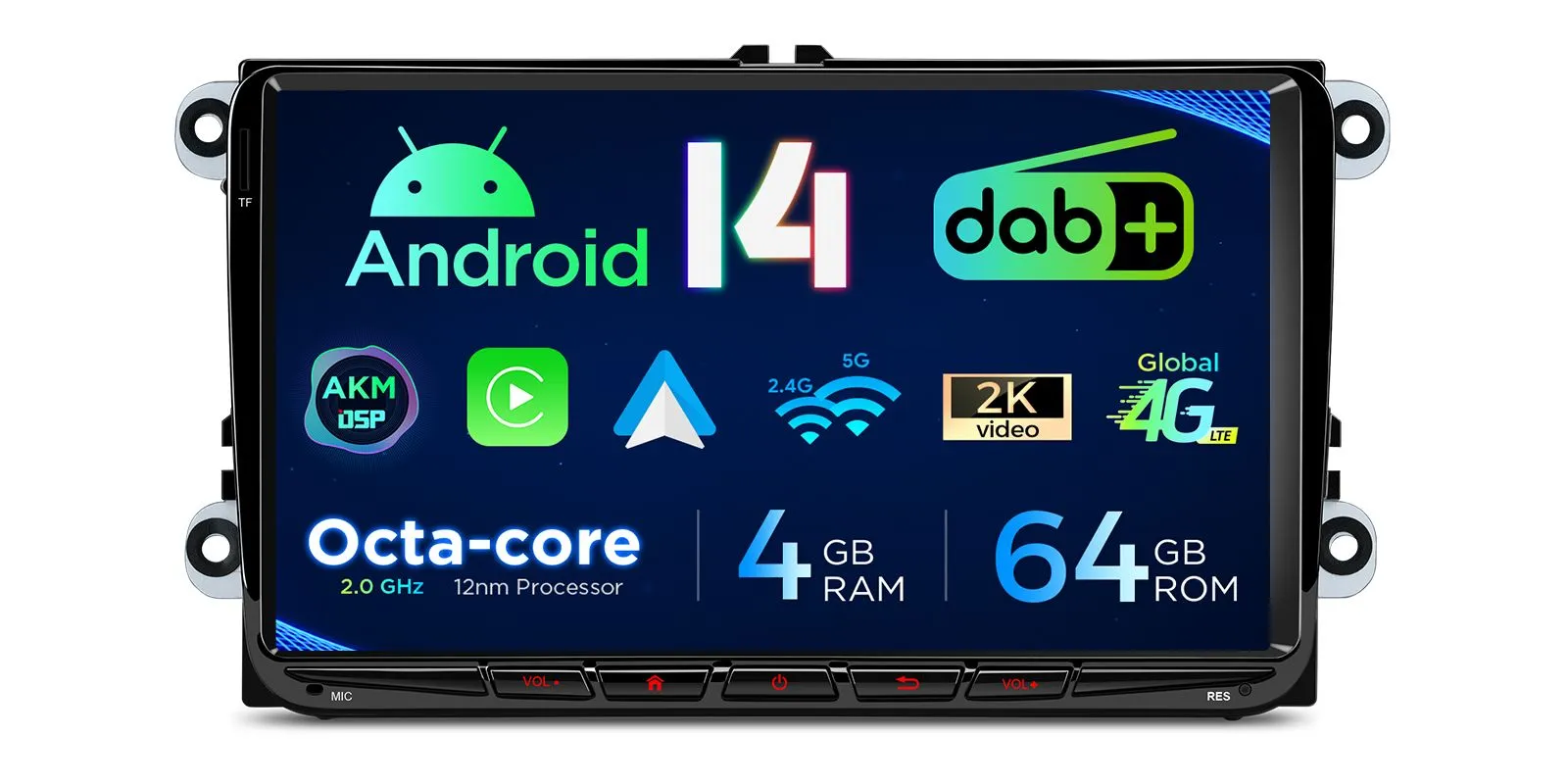 Volkswagen / Škoda / SEAT 9 colių Android 14 multimedija su integruotu DAB PX94MTVDAB