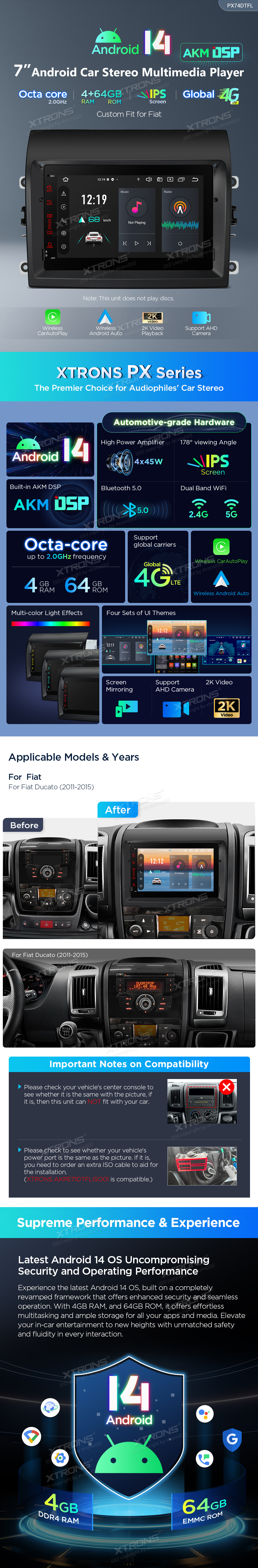 Fiat Ducato 2011-2015 | Android 14 | 7inch | 4GB/64GB/8Core | Multimedija Xtrons PX74DTFL