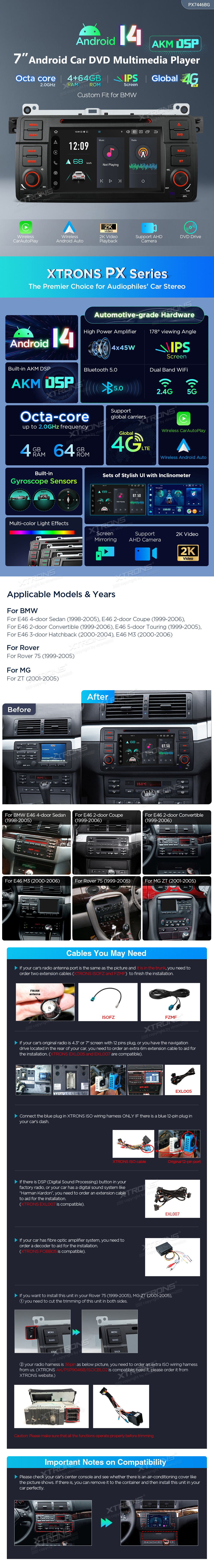 BMW E46 | Rover 75 | Android 14 | 7inch | 4GB/64GB/8Core | Multimedija Xtrons PX7446BG