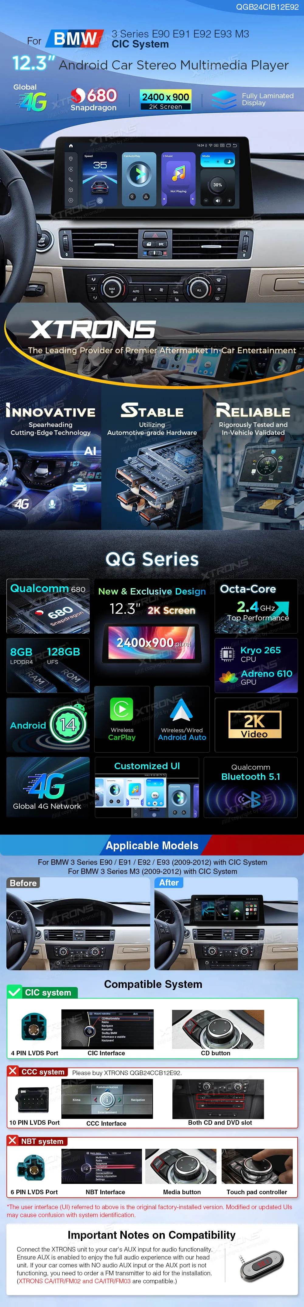 BMW E90/E91/E92/E93 CIC | Android 14 | 12.3inch | 8GB/128GB/8Core | Snapdragon | Multimedija Xtrons QGB24CIB12E92