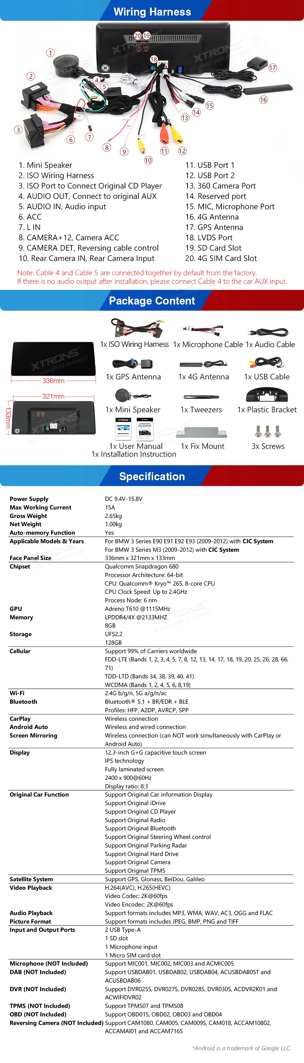 BMW E90/E91/E92/E93 CIC | Android 14 | 12.3inch | 8GB/128GB/8Core | Snapdragon | Multimedija Xtrons QGB24CIB12E92