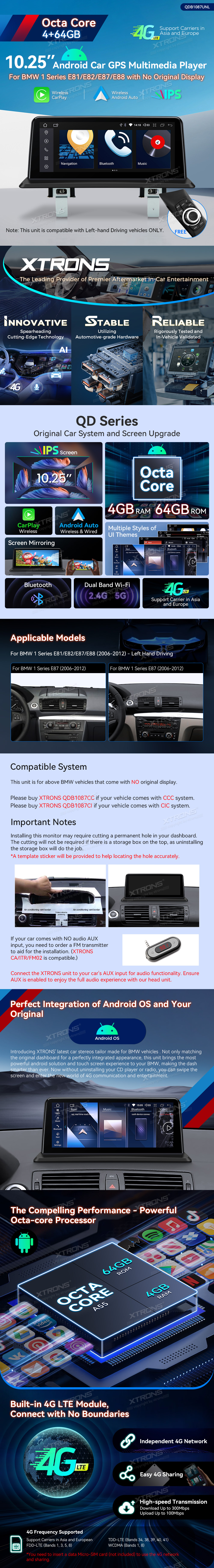 BMW 1 E81 E82 E87 E88 | Android 10 | 10.25inch | 4GB/64GB/8Core | Multimedija Xtrons QDB1087UNL