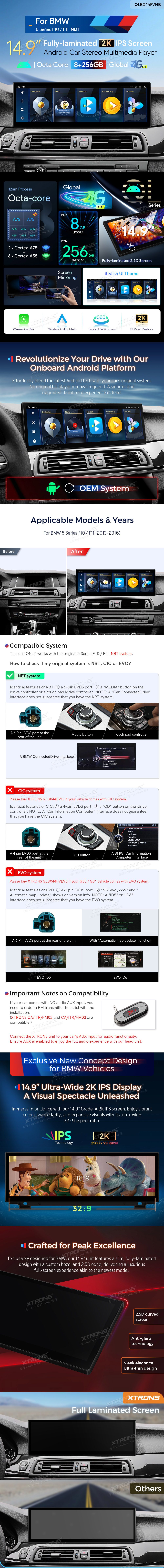 BMW F10 F11 NBT | Android 14 | 14.9inch | 8GB/256GB/8Core | Multimedija Xtrons QLBX44FVNB