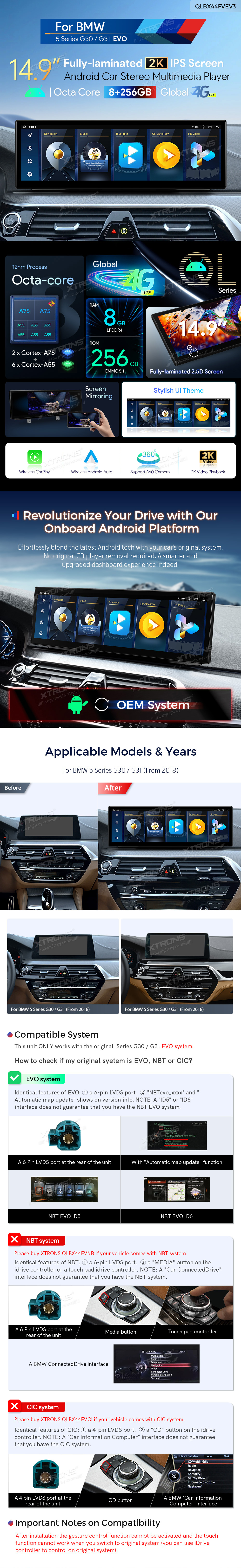BMW G30 G31 EVO | Android 14 | 14.9inch | 8GB/256GB/8Core | Multimedija Xtrons QLBX44FVEV3