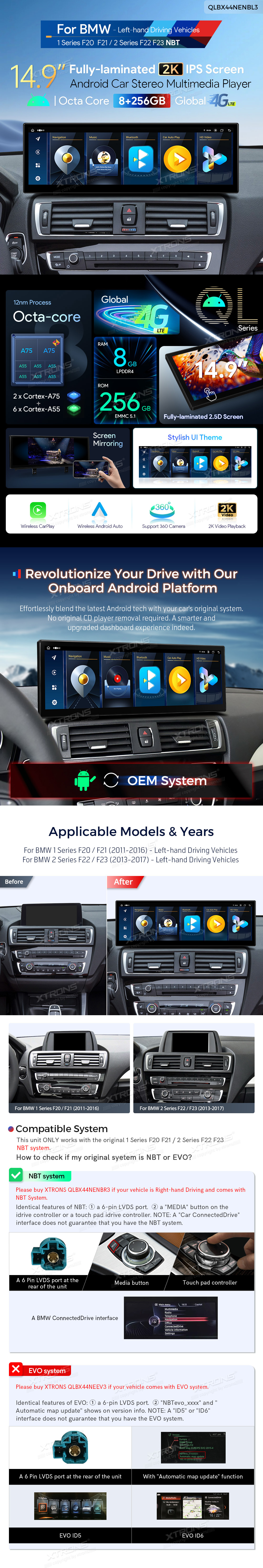 BMW F20 F21 F22 F23 NBT | Android 14 | 14.9inch | 8GB/256GB/8Core | Multimedija Xtrons QLBX44NENBL3