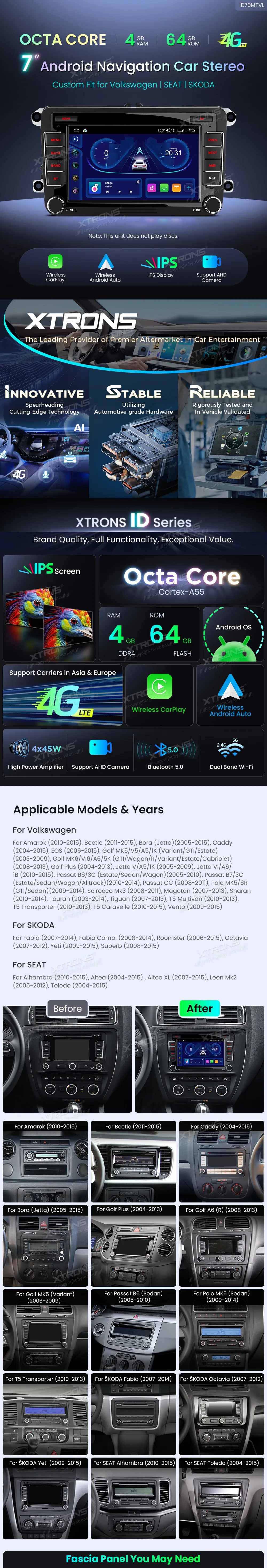 Volkswagen / Škoda / SEAT | Android 10 | 7inch | 4GB/64GB/8Core | Multimedija Xtrons ID70MTVL