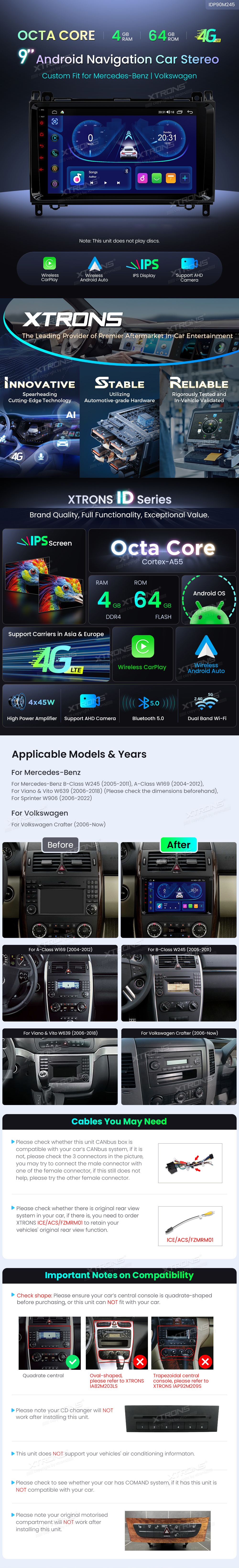 VW Crafter MB B / A / Vito / Sprinter | Android 10 | 9inch | 4GB/64GB/8Core | Multimedija Xtrons IDP90M245