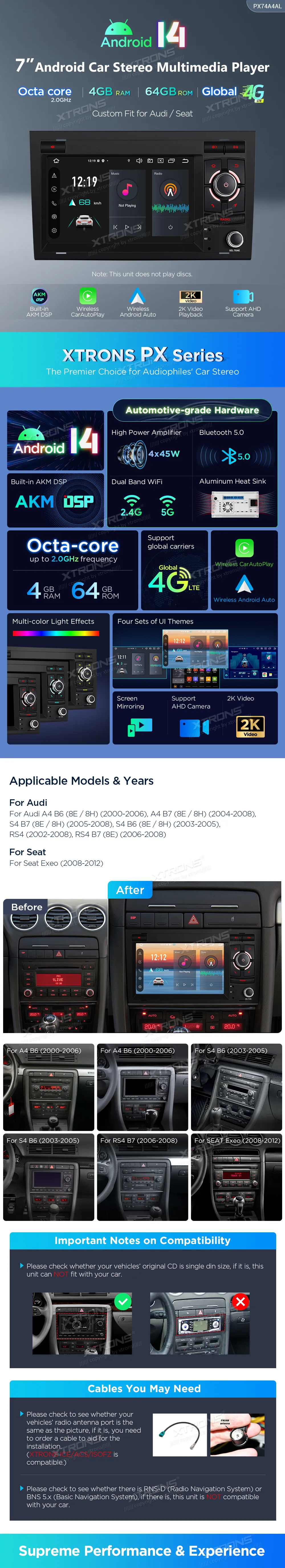 Audi A4/S4/RS4 SEAT Exeo | Android 14 | 7inch | 4GB/64GB/8Core | Multimedija Xtrons PX74A4AL