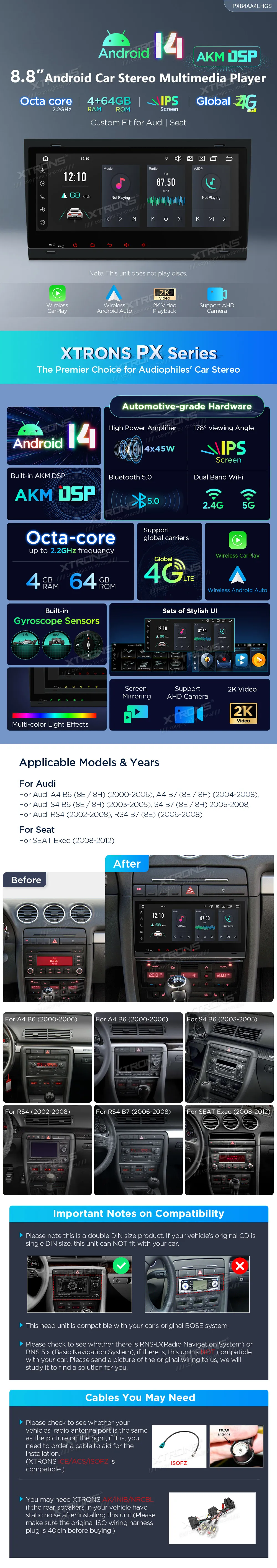 Audi A4/S4/RS4 SEAT Exeo | Android 14 | 8.8inch | 4GB/64GB/8Core | Multimedija Xtrons PX84AA4LHGS