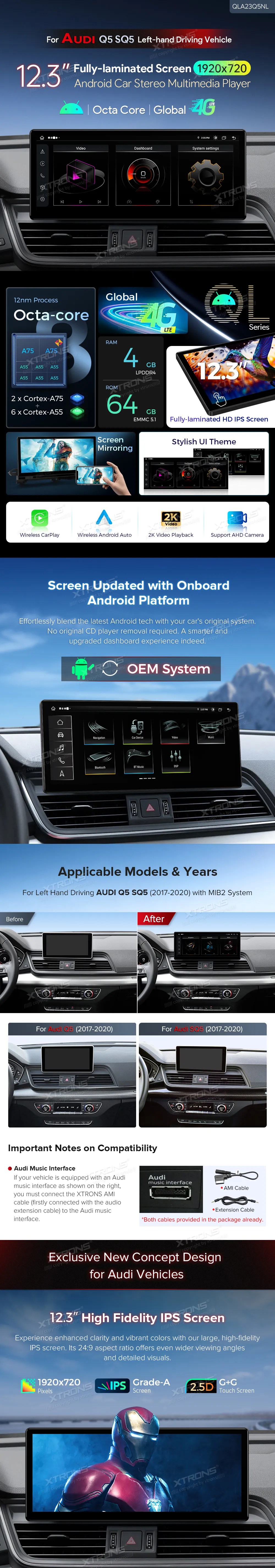 Audi Q5 SQ5 (MIB2) | Android 13 | 12.3inch | 4GB/64GB/8Core | Multimedija Xtrons QLA23Q5NL