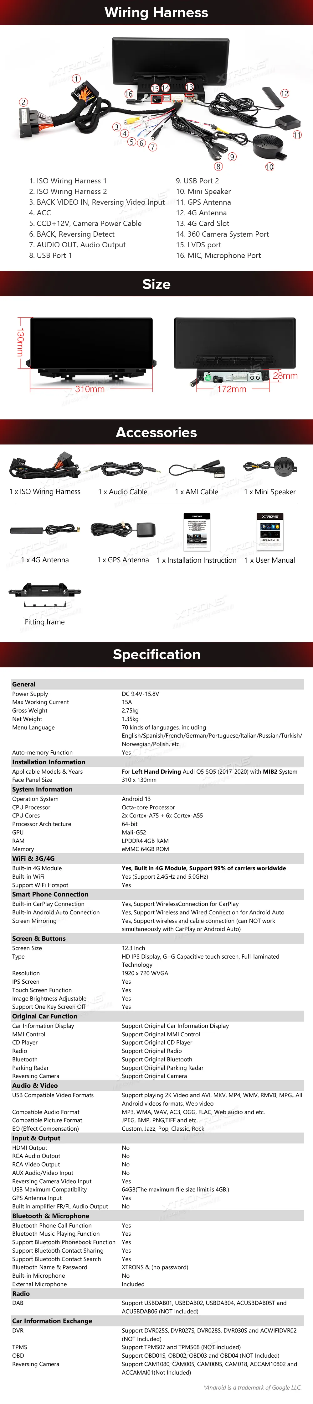 Audi Q5 SQ5 (MIB2) | Android 13 | 12.3inch | 4GB/64GB/8Core | Multimedija Xtrons QLA23Q5NL