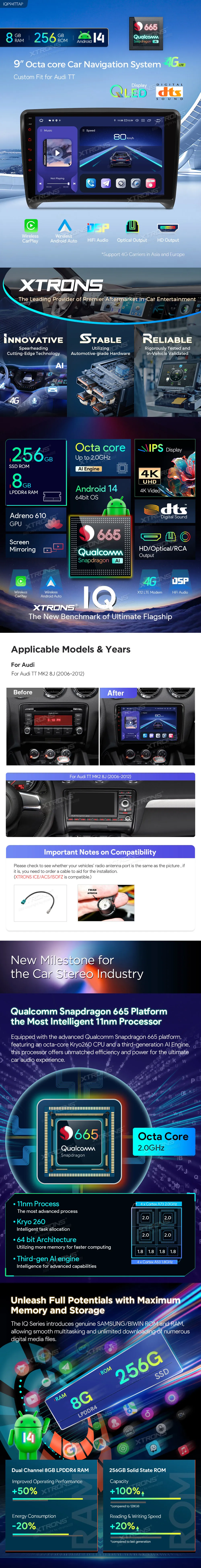 Audi TT 2006-2012| Android 14 | 9inch QLED | 8GB/256GB/8Core Snapdragon| Multimedija Xtrons IQP94TTAP