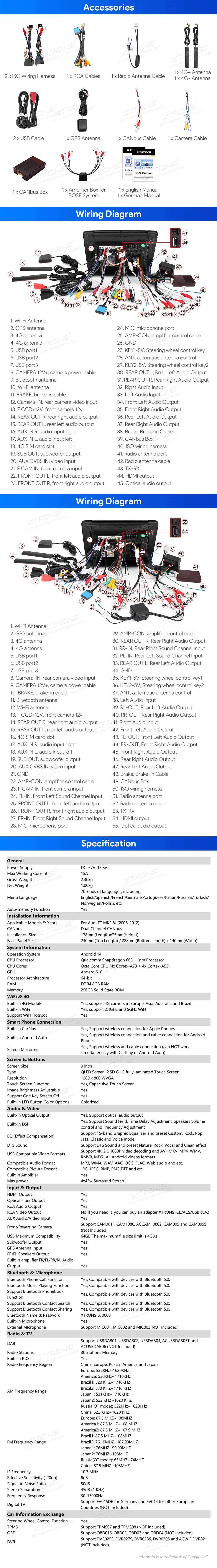 Audi TT 2006-2012| Android 14 | 9inch QLED | 8GB/256GB/8Core Snapdragon| Multimedija Xtrons IQP94TTAP