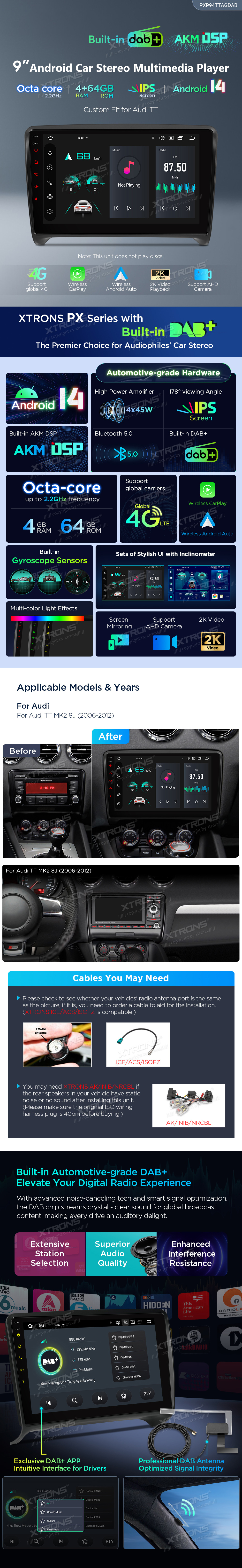 Audi TT 2006-2012| Android 14 | 9inch | 4GB/64GB/8Core| Multimedija Xtrons PXP94TTAGDAB