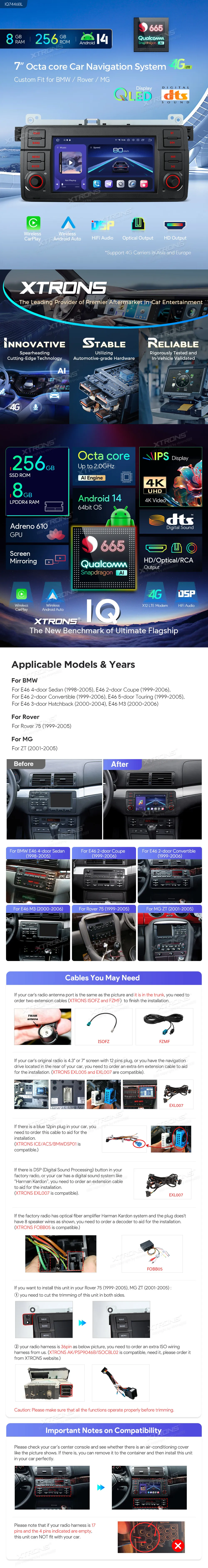 BMW E46 | Rover 75 | Android 14 | 7 inch QLED | 8GB/256GB/8Core Snapdragon | Multimedija Xtrons IQ7446BL