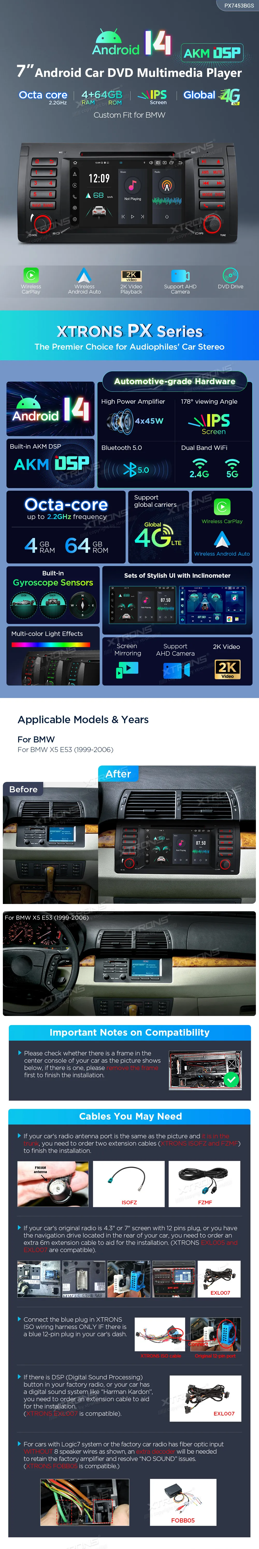 BMW X5 E53 | Android 14 | 7 inch | 4GB/64GB/8Core | Multimedija Xtrons PX7453BGS