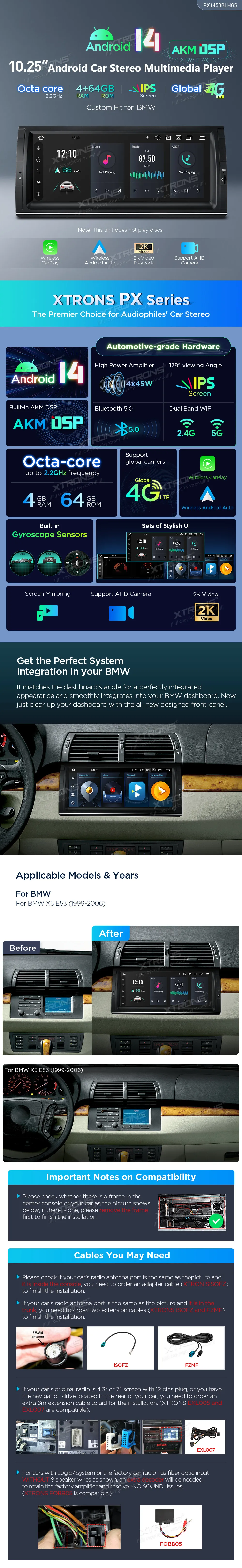 BMW X5 E53 | Android 14 | 10.25 inch | 4GB/64GB/8Core | Multimedija Xtrons PX1453BLHGS