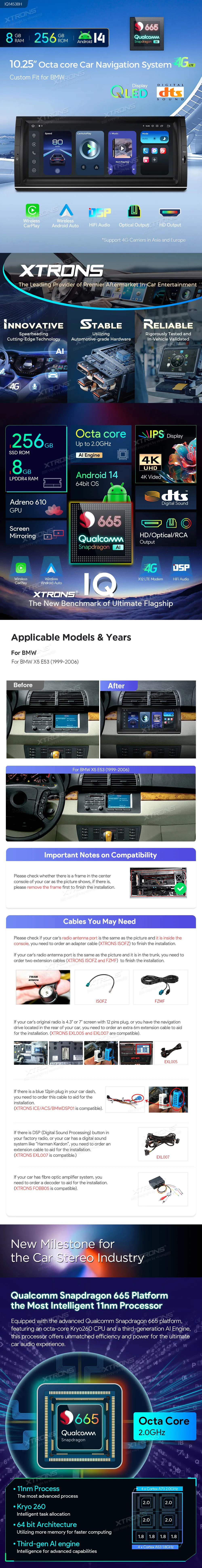 Moderni Android 14 multimedija BMW X5 E53 su 10.25" QLED ekranu, Snapdragon, 8+256 GB, DSP, 4G LTE, CarPlay ir Android Auto.