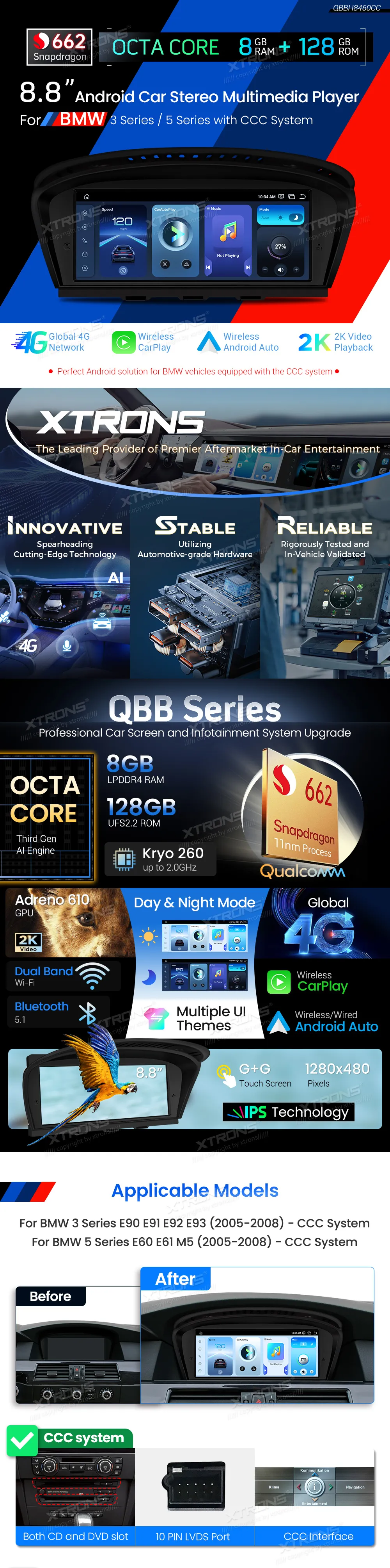 BMW E60 E61 E90 E91 E92 E93 CCC | Android OS | 8.8 inch | 4GB/64GB/8Core Snapdragon 662 | Multimedija Xtrons QBBH8460CC